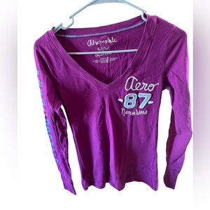 Aeropostale Y2K Magenta V-Neck Baby Tee Varsity 87 Long Sleeve Small/Medium